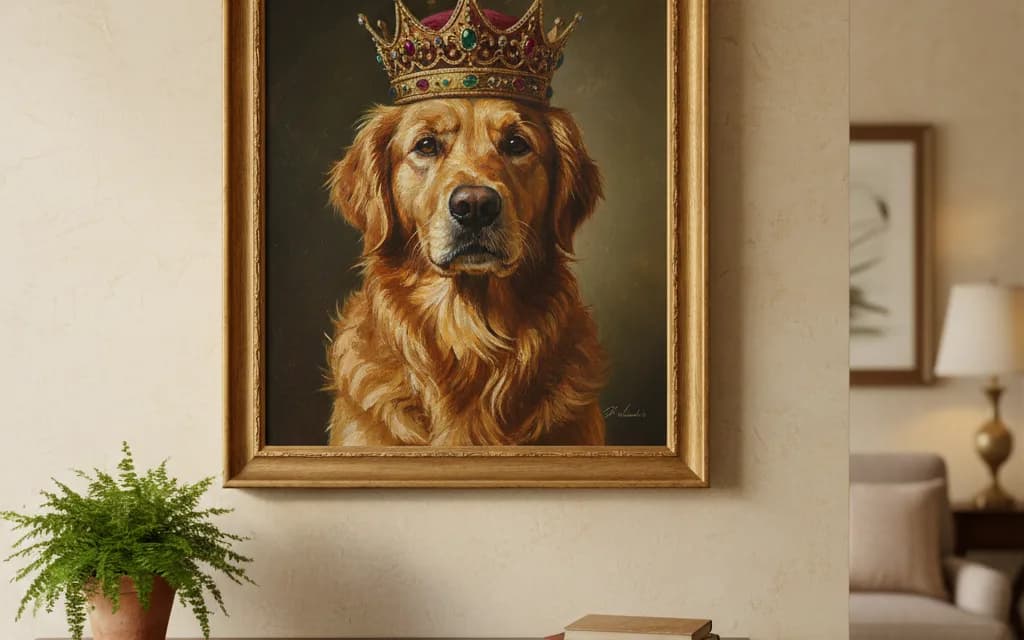A golden retriever's photo transformed into a regal royal-portrait painting, framed and hanging on a warm living-room wall