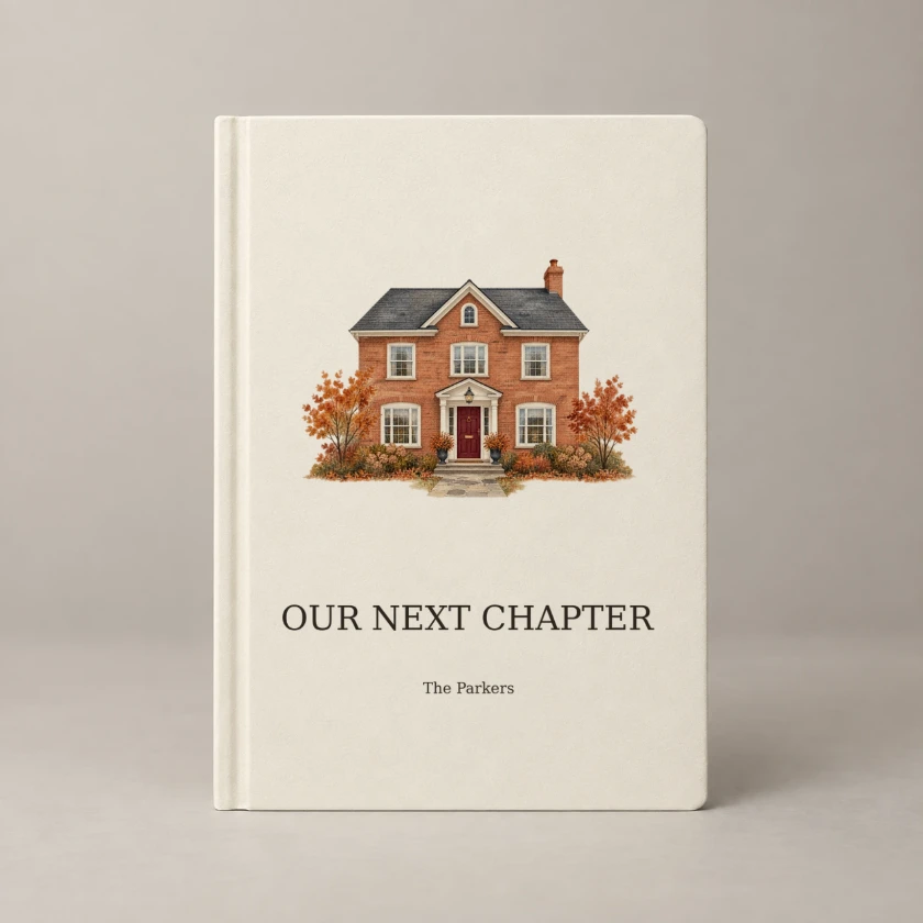 Ivory hardcover journal with a watercolor house illustration, OUR NEXT CHAPTER and The Parkers on the cover