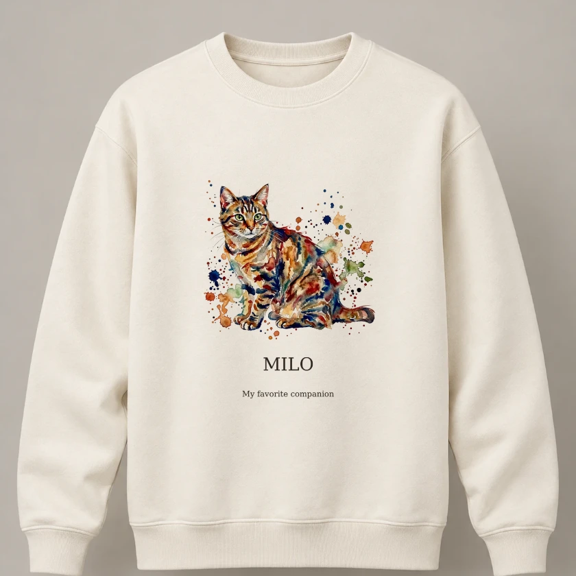 Ivory crewneck sweatshirt with a watercolor pet portrait and the name MILO printed on the chest