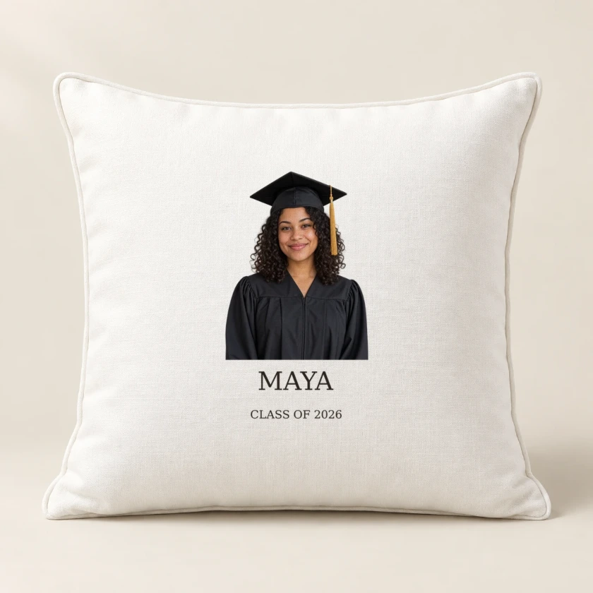 Woven ivory pillow printed with a graduate portrait, MAYA and CLASS OF 2026