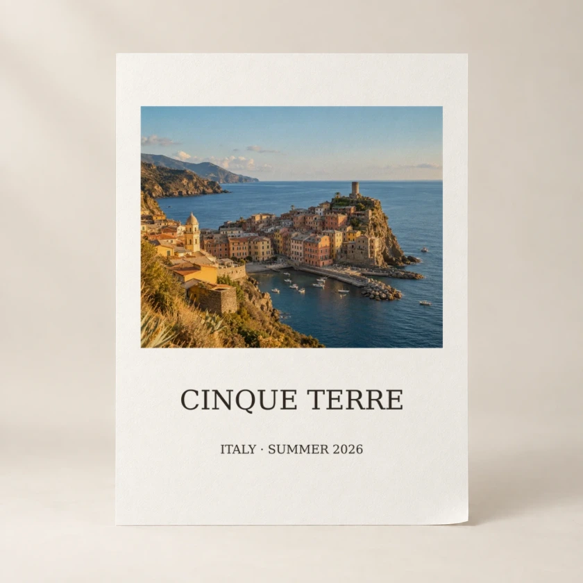 Unframed matte poster with an Italian coast photograph and CINQUE TERRE title