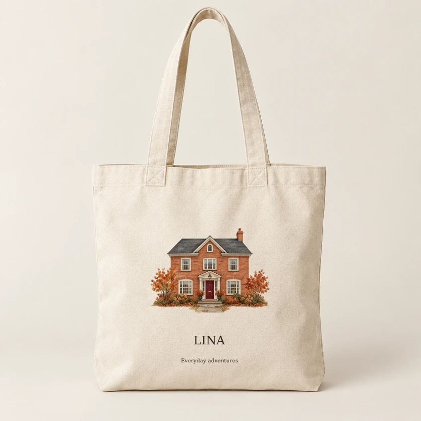 Cotton canvas tote with a watercolor house and LINA with Everyday adventures