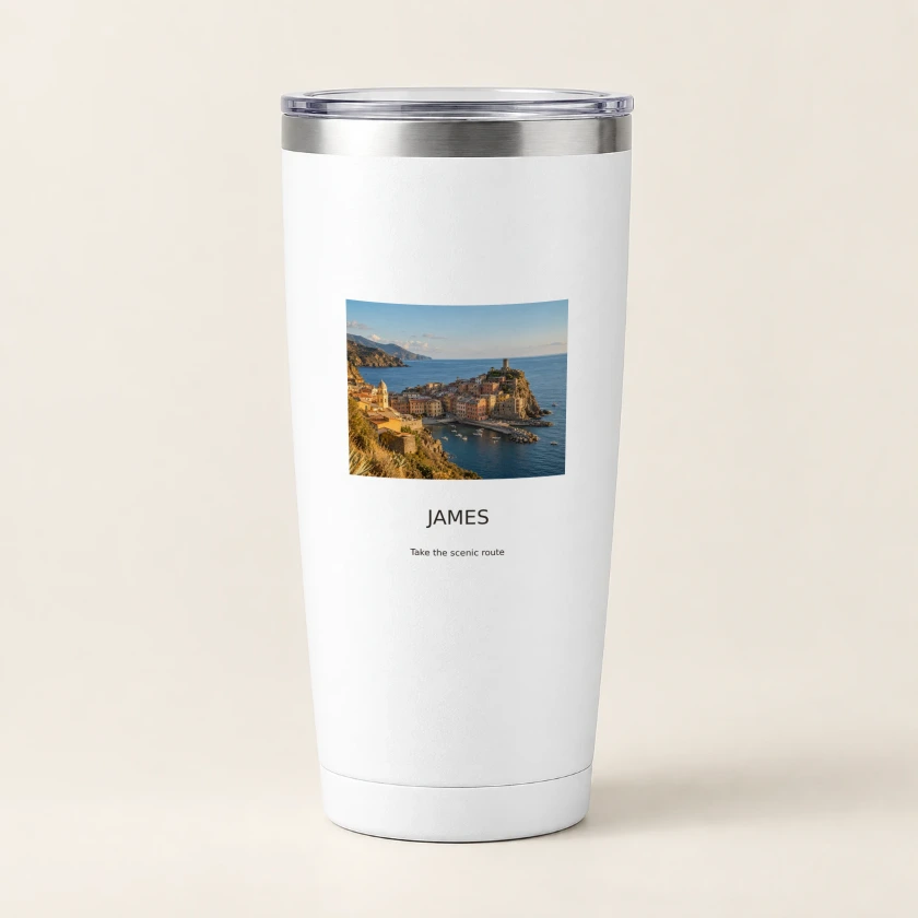 White travel tumbler printed with a coastal photo, JAMES and Take the scenic route